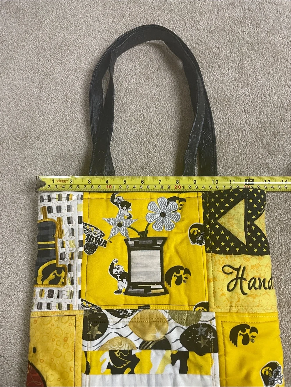 Handmade Hawkeye-Inspired Quilted Tote Bag in Yellow and Black